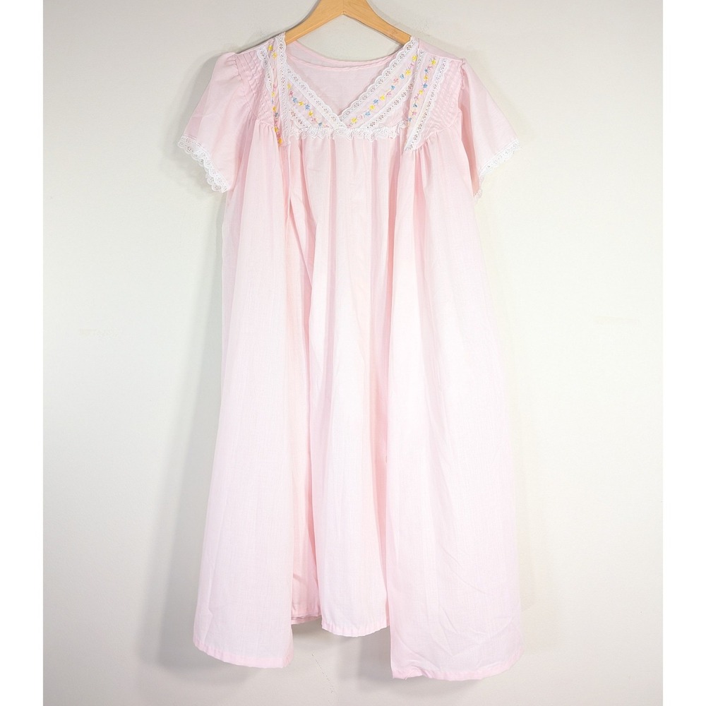 Sears Pink Nightgown; Vintage Lace Trim Embroidered Floral Short Sleeve Medium